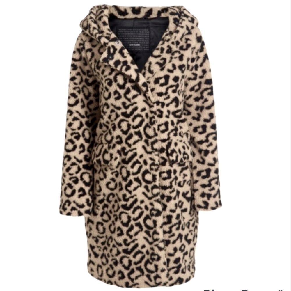 Steve Madden Leopard Print Sherpa Hooded Overcoat